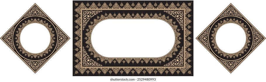 Vector illustration for ornamental gold design pattern set of rectangular frames and square diagonal shapes on the right and left side. Suitable for calligraphy frames.