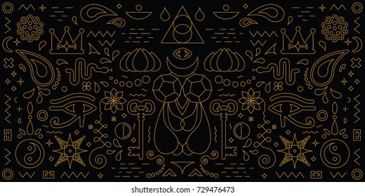 vector illustration of ornamental horizontal banner with spiritual mystic symbols in flat line style with dark background  