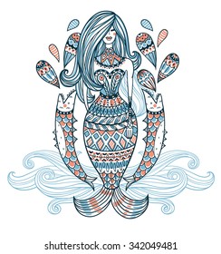 vector illustration of an ornamental mermaid with abstract fishes and drops