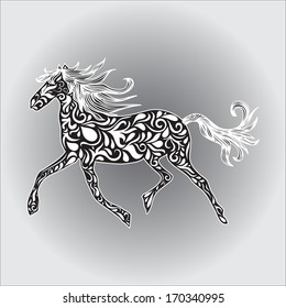 Vector illustration with ornamental monochrome horse