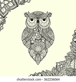 Vector illustration of ornamental owl. Bird illustrated in tribal.