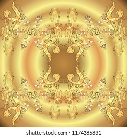 Vector illustration. Ornamental pattern golden elements. Design vintage for card, wallpaper, wrapping, textile. Royal retro on yellow, beige and brown colors. Gold template. Floral classic texture.