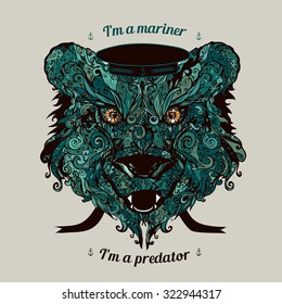 Vector illustration ornamental vintage bear predator, decorative ethnic style. Isolated vector illustration. It may be used for design of a tattoo, t-shirt, bag, postcard, a poster and so on.