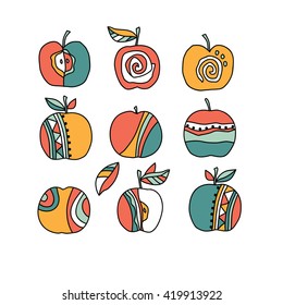 Vector illustration of ornate apples with folk elements on a white background.