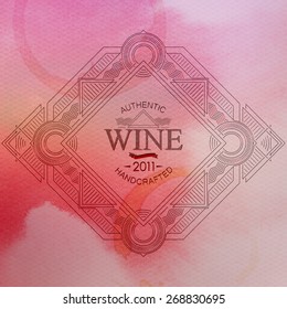 vector illustration with ornate art-deco wine label on watercolor background. graceful line art-deco design element. package template