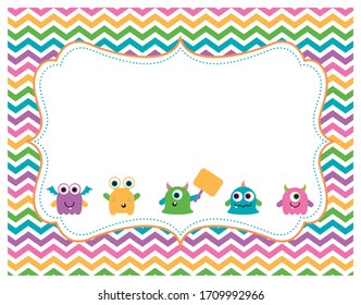 Eine Vektorillustration-Illustration einer ornierten, weißen Rahmenkarte mit einem Regenbogen-Chevron-Muster und süßen glücklichen Monstern