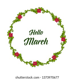 Vector illustration ornate card hello march with flower frame style hand drawn