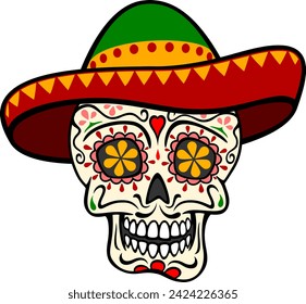 Vector illustration of an ornate cartoon sugar skull wearing a brightly-colored sombrero. 