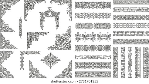 Vector illustration of ornate corner embellishments and horizontal borders with floral and scroll motifs in black on white background