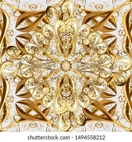 Vector illustration. Ornate decoration. Damask gold abstract flower seamless pattern on brown and gray colors.