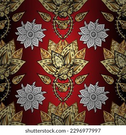 Vector illustration. Ornate decoration. Damask gold abstract flower seamless pattern on black, brown and red colors.