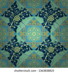 Vector illustration. Vector ornate floral seamless texture in gray, green and blue colors, endless seamless pattern with mandala elements.