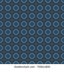 Vector illustration. Vector ornate floral seamless texture in gray, blue and black colors, endless seamless pattern with mandala elements.
