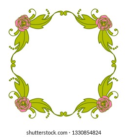Vector illustration ornate frame flower pink leafy green with invitation card hand drawn