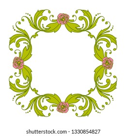 Vector illustration ornate frame flower pink leafy green with invitation card hand drawn