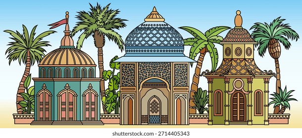 Ilustración vectorial de ornamentada arquitectura de Oriente Medio con cúpulas, arcos y palmeras, combinando motivos culturales, detalles elegantes en un estilo decorativo en capas. Dibujado a mano, no AI