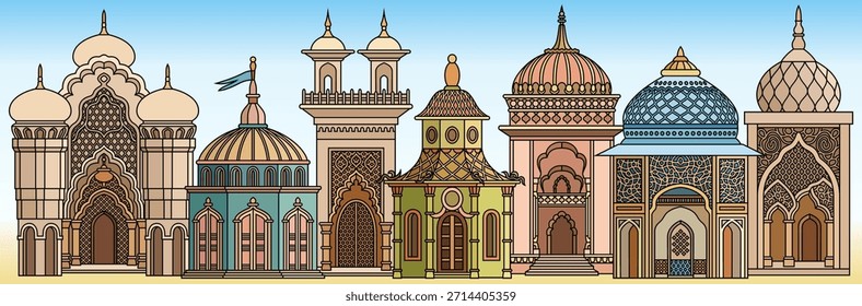 Ilustración vectorial de ornamentada arquitectura de Oriente Medio con cúpulas, arcos y palmeras, combinando motivos culturales, detalles elegantes en un estilo decorativo en capas. Dibujado a mano, no AI
