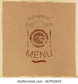vector illustration with ornate restaurant menu label on cardboard texture. graceful line art-deco design element