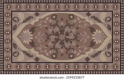 A vector illustration of an ornate rug design, featuring intricate floral and baroque patterns in mocha moose tone background. Ideal for textile prints, home decor, and digital 