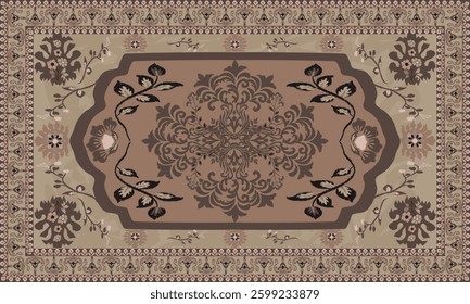 A vector illustration of an ornate rug design, featuring intricate floral and baroque patterns in mocha moose tone background. Ideal for textile prints, home decor, and digital 
