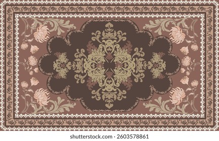 Vector illustration of an ornate rug design, featuring intricate floral and baroque patterns in mocha moose colors . Ideal for textile prints, home decor, and digital art.