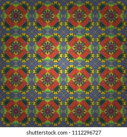 Vector illustration. Ornate seamless texture background. Different mosaic textures. Relief waves of ornamental mosaic tile patterns in blue, yellow and pink colors.