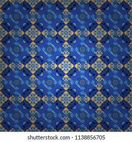 Vector illustration. Ornate seamless texture background. Relief waves of ornamental mosaic tile patterns in violet, yellow and blue colors. Different mosaic textures.