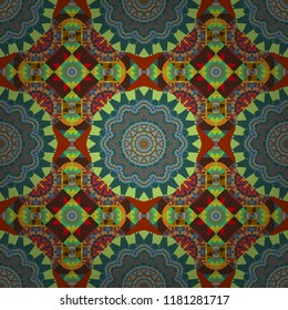 Vector illustration. Ornate seamless texture background. Relief waves of ornamental mosaic tile patterns in green, blue and brown colors. Different mosaic textures.