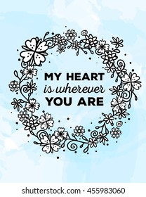 Vector illustration of ornate template with round floral frame, flowers and inscription on blue watercolor background. Hand drawn flat doodle art design for flower poster, card, wedding invitation