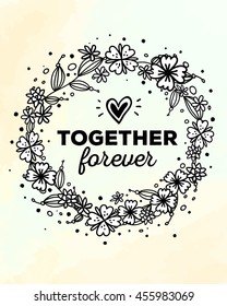 Vector illustration of ornate template with round floral frame, flowers and inscription on watercolor background. Hand drawn flat doodle art design for flower poster, party card, wedding invitation