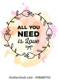 Vector illustration of ornate template with round floral frame, flowers, inscription on yellow watercolor background. Hand drawn flat doodle art design to make flower poster, card, wedding invitation
