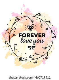 Vector illustration of ornate template with round floral frame, heart and inscription on yellow watercolor background. Hand drawn flat doodle art design to make flower poster, card, wedding invitation