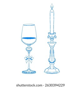 Vector illustration of an ornate wine glass with a ribbon bow next to a tall lit candle in a vintage holder. Blue outline drawing, perfect for romantic designs, packaging, branding, and invitations.