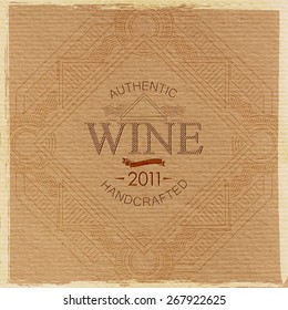 vector illustration with ornate wine label on cardboard texture. graceful line art-deco design element. package template