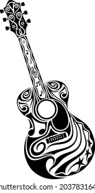 Vector illustration of an ornately decorated black and white acoustic guitar design.
