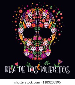 Vector illustration of an ornately decorated Day of the Dead Dia de los Muertos skull, or calavera.