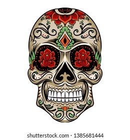 Vector illustration of an ornately decorated Day of the Dead sugar skull, or calavera.