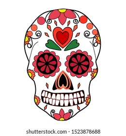 Vector illustration of an ornately decorated day of the dead colorful skull with floral ornament.