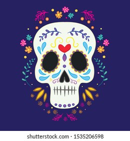 Vector illustration of an ornately decorated Day of the Dead (Dia de los Muertos) skull, or calavera.