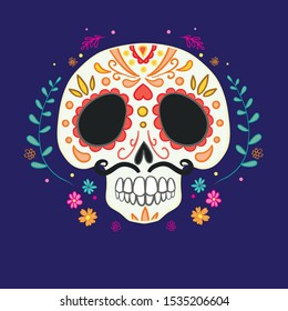 Vector illustration of an ornately decorated Day of the Dead (Dia de los Muertos) skull, or calavera.