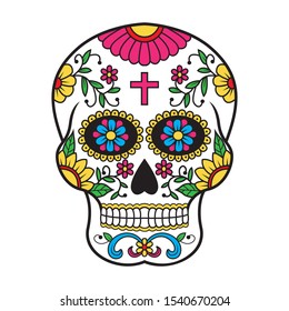 Vector illustration of an ornately decorated Day of the Dead (Dia de los Muertos) sugar skull, or calavera.