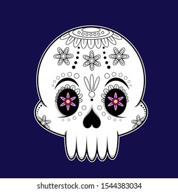 Vector illustration of an ornately decorated Day of the Dead (Dia de los Muertos) sugar skull, or calavera. Latin America holiday Day of the Dead