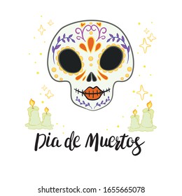 Vector illustration of an ornately decorated Day of the Dead (Dia de los Muertos) skull, or calavera.