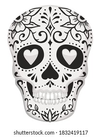 Vector illustration of an ornately decorated Day of the Dead sugar skull.