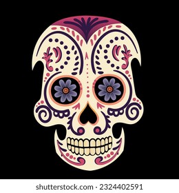 Vector illustration of an ornately decorated Day of the Dead Dia de los Muertos sugar skull, or calavera.