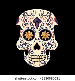 Vector illustration of an ornately decorated Day of the Dead Dia de los Muertos sugar skull, or calavera.