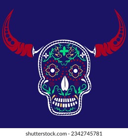 Vector illustration of an ornately decorated Day of the Dead (Dia de los Muertos) sugar skull with chilli peppers as bull horns, or calavera. Blue background and skull with horns.