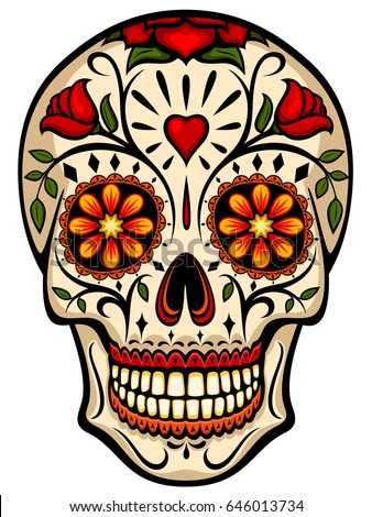 Vector illustration of an ornately decorated Day of the Dead (Dia de los Muertos) sugar skull, or calavera.