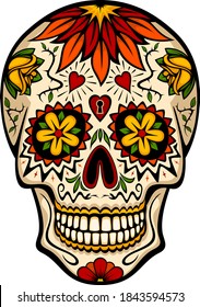 Vector illustration of an ornately decorated Dia de Los Muertos, Day of the Dead, sugar skull or calavera. Illustration uses no gradients, meshes or blends, only solid color. Includes AI10-compatible 