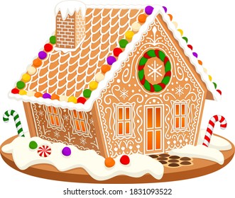 Vector illustration of an ornately decorated gingerbread house.